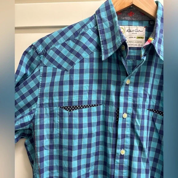 ROBERT GRAHAM JEANS Blue Plaid Check 100% Cotton Casual Dress Shirt Men medium - Picture 3 of 8